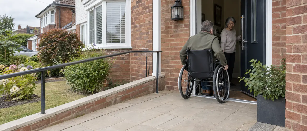 Wheelchair user entering an adapted British house by a level paved approach