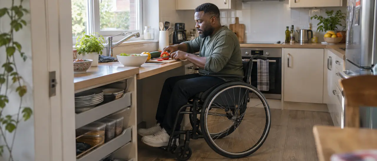 Wheelchair user preparing food at an accessible work surface in a British kitchen